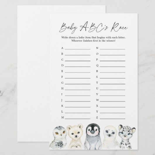 Arctische dieren Baby shower ABC's Race Game (Voorkant / Achterkant)