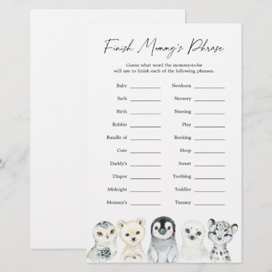 Arctische dieren Baby shower Voltooi de zin van ma (Voorkant / Achterkant)