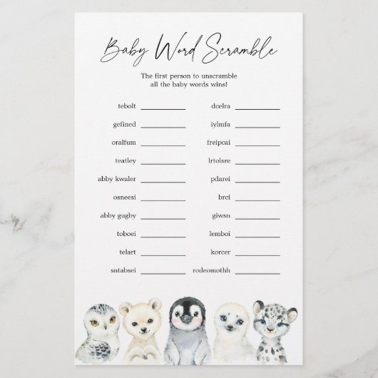 Arctische dieren Baby shower Word Scramble Game (Voorkant)