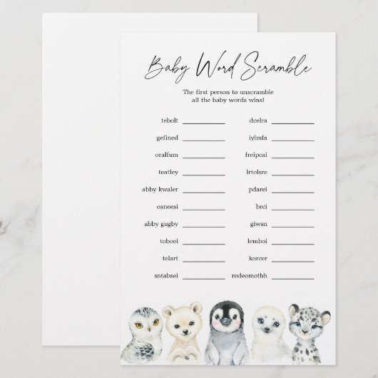 Arctische dieren Baby shower Word Scramble Game (Voorkant / Achterkant)