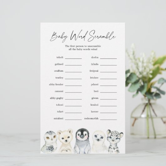 Arctische dieren Baby shower Word Scramble Game (Staand voorkant)
