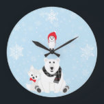 Arctische dierenklok grote klok<br><div class="desc">Deze muurklok heeft drie Arctische dieren en een blauwe en witte sneeuwachtergrond. Het polaire beer draagt een gele sjaal, de uil een rood pet, en de vos een rood boog stropdas.</div>