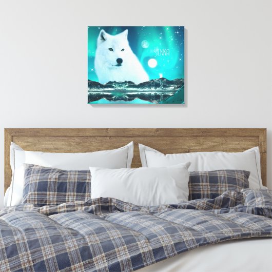 Arctische wolf en magische nacht met noorderlicht canvas afdruk (Insitu (Slaapkamer))