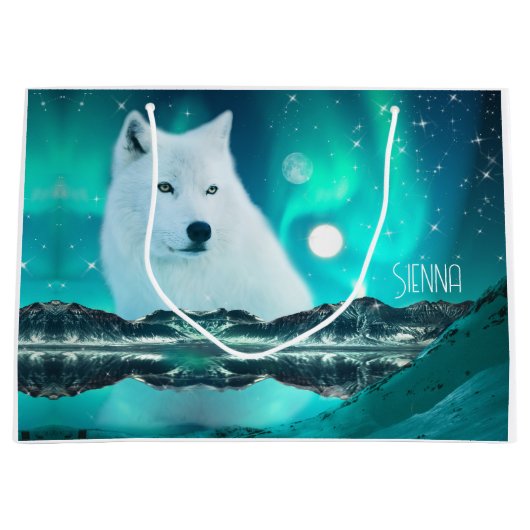 Arctische wolf en magische nacht met noorderlicht groot cadeauzakje (Voorkant)