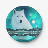 Arctische wolf en magische nacht met noorderlicht papieren bordje (Voorkant)