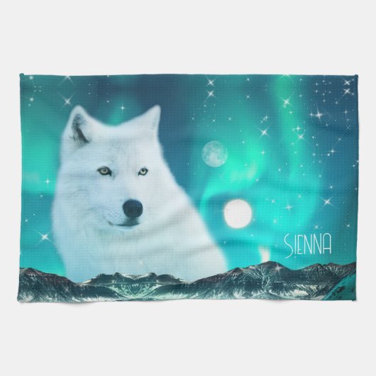 Arctische wolf en magische nacht met noorderlicht theedoek (Horizontaal)