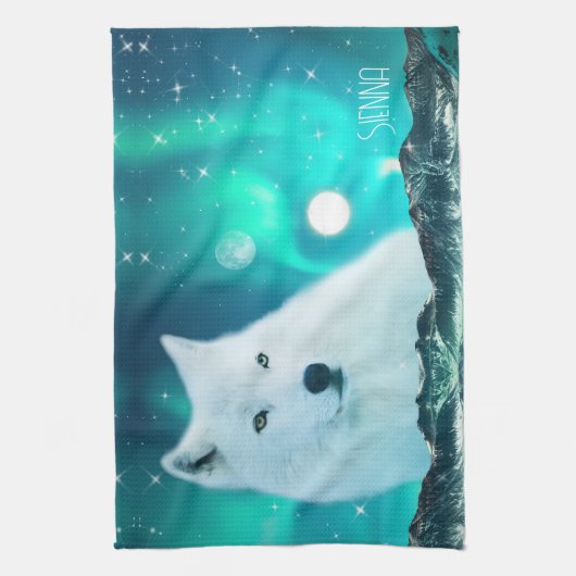 Arctische wolf en magische nacht met noorderlicht theedoek (Verticaal)