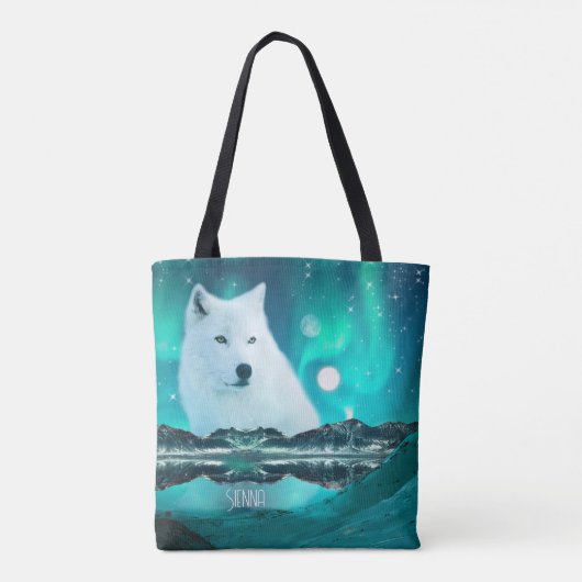 Arctische wolf en magische nacht met noorderlicht tote bag (Achterkant)