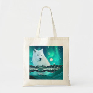 Arctische wolf en magische nacht met noorderlicht tote bag
