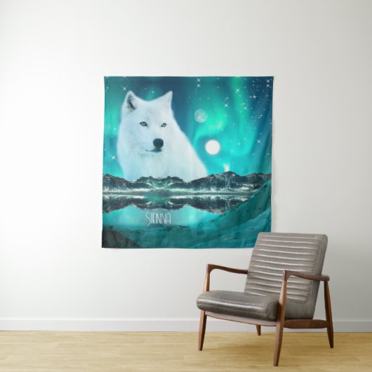 Arctische wolf en magische nacht met noorderlicht wandkleed (In situ)