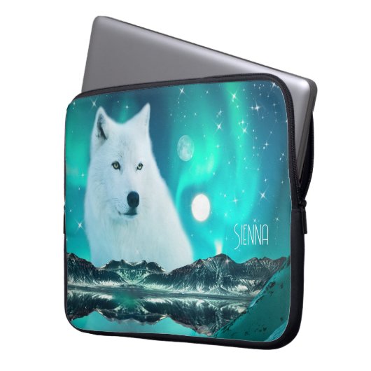 Arctische wolf 's nachts met noorderlicht laptop sleeve (Voorkant Links)