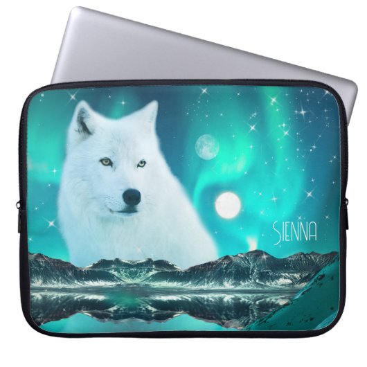 Arctische wolf 's nachts met noorderlicht laptop sleeve (Voorkant)
