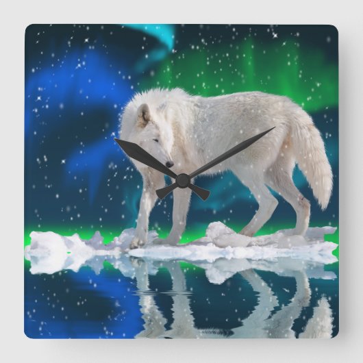 Arctische Wolf, Snow & Aurora Wildlife Art Clock Vierkante Klok (Voorkant)