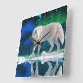 Arctische Wolf, Snow & Aurora Wildlife Art Clock Vierkante Klok (Hoek)