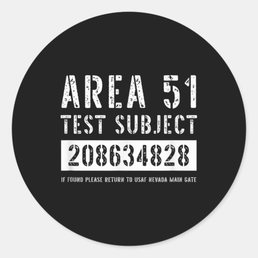 Area 51 Test Subject 4828 Alien Abduction Hallowee Ronde Sticker (Voorkant)
