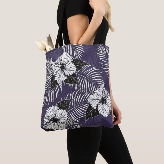 Areca palm, hibiscus schets:  patroon tote bag (Dichtbij)