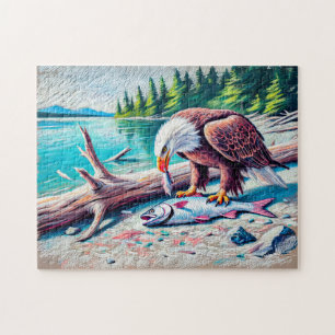 Arend eet vis op rivieroever pastel krijttekening legpuzzel