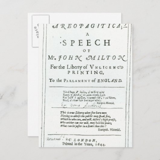 Areopagitica' toespraak van John Milton Briefkaart (Voorkant / Achterkant)