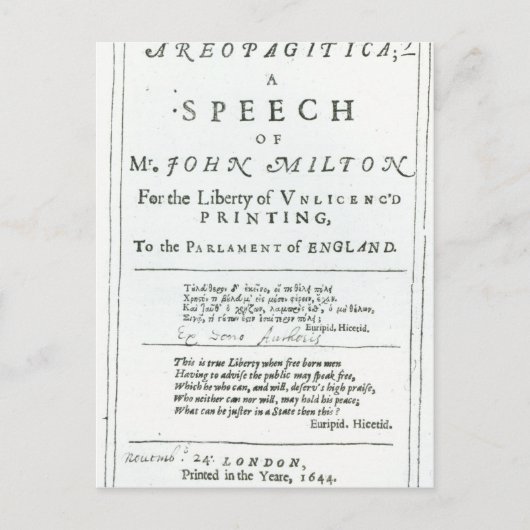 Areopagitica' toespraak van John Milton Briefkaart (Voorkant)