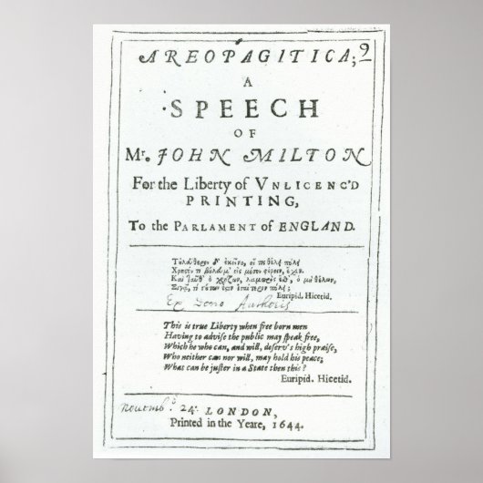 Areopagitica' toespraak van John Milton Poster (Voorkant)