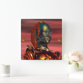 ARES CYBORG PORTRAIT Red Science Fiction Sci-Fi Vierkante Klok (Huis)