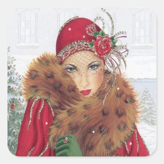 Aret decor retro vintage kerst lady sticker (Voorkant)