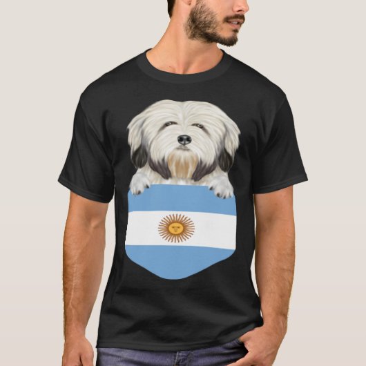 Argentina Flag Lowchen Dog In Pocket T-shirt (Voorkant)