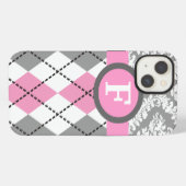 Argyle and damask pattern pink, grey monogram iPhone hoesje (Achterkant horizontaal)