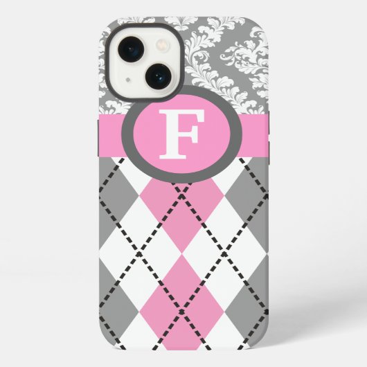 Argyle and damask pattern pink, grey monogram iPhone hoesje (Achterkant)