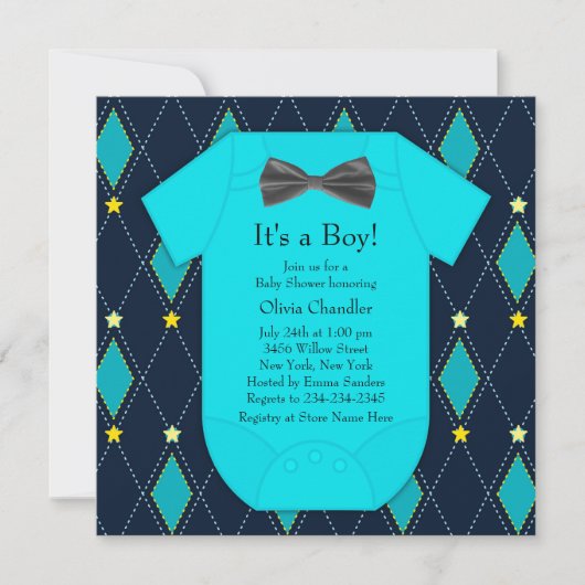 Argyle Blue Yellow Baby Boy Shower Kaart (Voorkant)