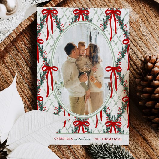 Argyle Bow Christmas Holiday Photo Card Feestdagenkaart