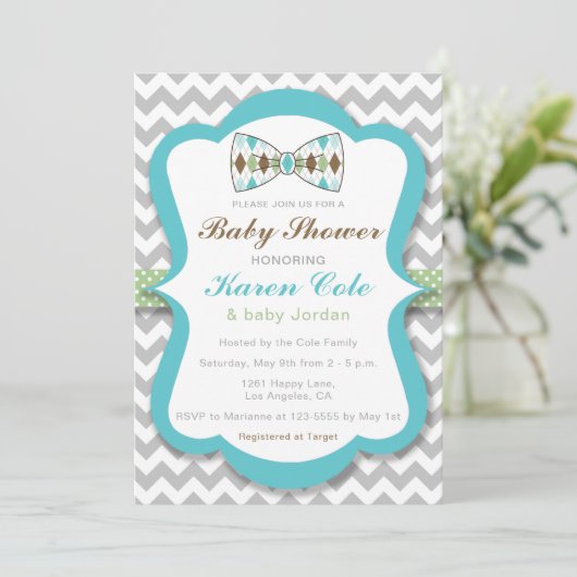 Argyle Bow Stropdas Boy Baby shower Uitnodiging (Staand voorkant)