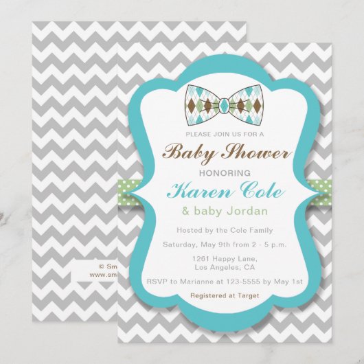 Argyle Bow Stropdas Boy Baby shower Uitnodiging (Voorkant / Achterkant)