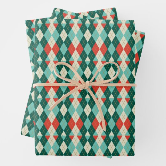 Argyle Christmas Retro Wrapping Paper Sheet Set (In situ)