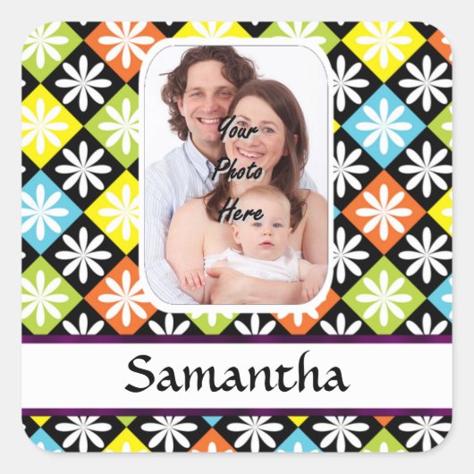 Argyle daisy pattern vierkante sticker (Voorkant)