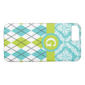 Argyle en damast patroon groen, aqua monogram Case-Mate iPhone case (Achterkant (Horizontaal))
