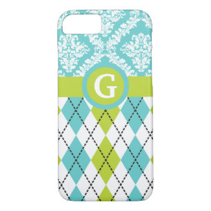 Argyle en damast patroon groen, aqua monogram 	iPhone 8/7 hoesje