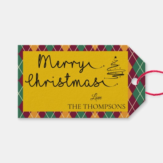 Argyle Geel Oranje Groen Script Prettig Kerstfeest Cadeaulabel (Voorkant (Horizontaal))