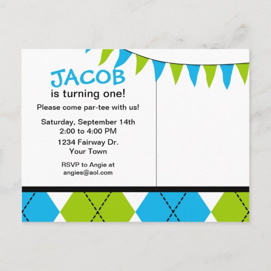 Argyle Golf 1e verjaardag Briefkaart Uitnodiging (Achterkant)