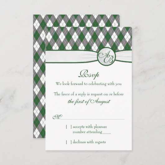 Argyle Golfbal Golf Groen Monogram Huwelijk RSVP (Voorkant / Achterkant)