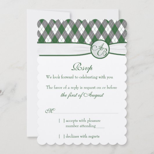 Argyle Golfbal Golf Groen Monogram Huwelijk RSVP Kaart (Voorkant)