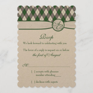 Argyle Golfbal Golf Groen Monogram Huwelijk RSVP Kaart