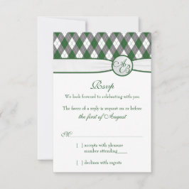 Argyle Golfbal Golf Groen Monogram Huwelijk RSVP Kaartje