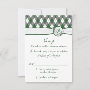 Argyle Golfbal Golf Groen Monogram Huwelijk RSVP Kaartje