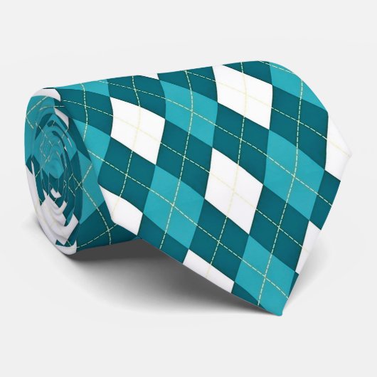 ARGYLE in Blauwgroen blauw & wit (patroonontwerp)  Stropdas (Opgerold)