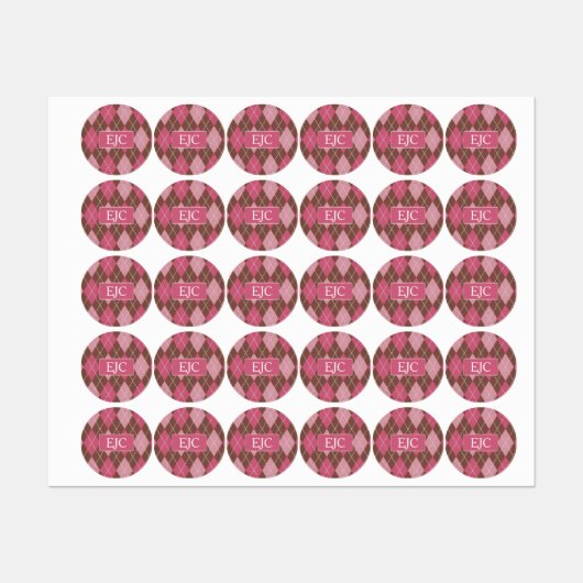 Argyle Knit Pink en Brown Pattern - uw Initialen Labels (Vel)