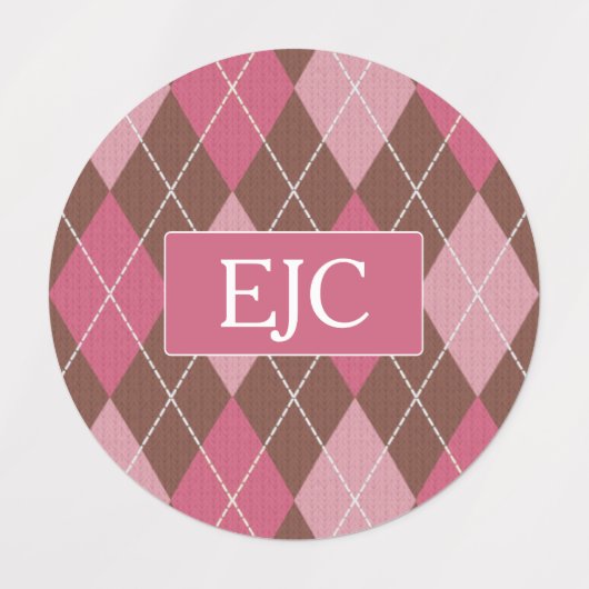 Argyle Knit Pink en Brown Pattern - uw Initialen Labels (Design 2)