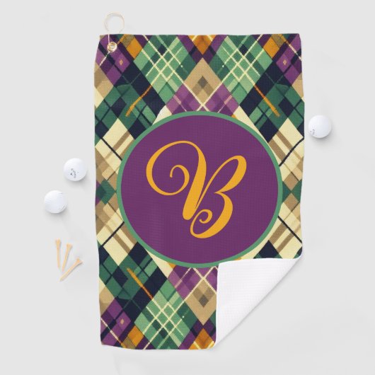 Argyle Mardi Gras geel paarse groen Golfhanddoek (Insitu)