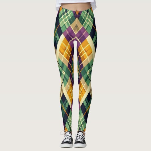 Argyle Mardi Gras geel paarse groen Leggings (Voorkant)