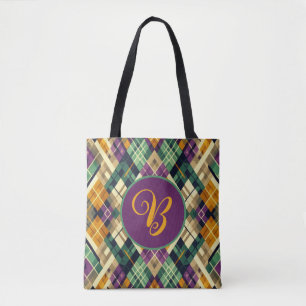 Argyle Mardi Gras geel paarse groen Tote Bag